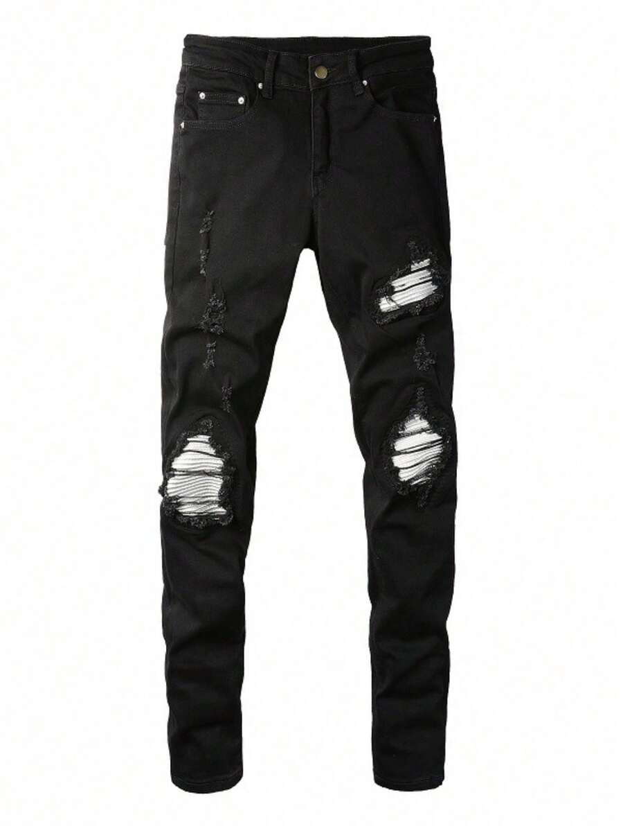 Vaqueros Masculinos Slim Tapered con Rotos y Parches, Denim Premium de Estilo High-Street, Acabado Envejecido y Comodidad Casual para el Día a Día - Negro - Ver 1