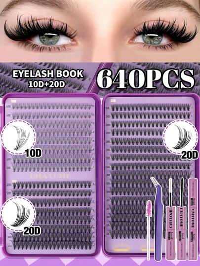CMAYOME 640PCS High-Quality D-Up Eyelashes, DIY Eyelashes In 10D, 20D, 30D, 40D, 50D, 10-18mm Natural And Soft False Lashes, 10-18mm Thick And Soft False Lashes, With A Natural Shape. The Set Also Includes Eyelash Glue, Eyelash Tweezers, And Eyelash Brush. It Is Highly Comfortable And Suitable For Use At Home Or Outdoors. It Is Suitable For Daily Life, Marriage, Dates, Parties, Music Festivals, And Travel. Eyelash Bundles, False Lashes