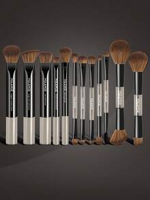 MAANGE 1支/7支/12支/20支专业铝制化妆刷套装，包含散粉刷、腮红刷、遮瑕刷、修容刷、鼻影刷、眼影刷、眉刷、细节刷、粉底刷、高光刷、晕染刷，是粉状、液体粉底等的理想化妆工具。 - 黑色 - 查看 15