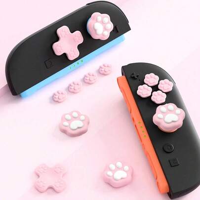 Süßes Katzenpfoten Richtungstasten & Silikon Joystick Kappe Set, ABXY Knopf Schutzabdeckung, geeignet für Nintendo Switch/OLED, nicht kompatibel mit Switch Lite, inklusive Schutzhülle
