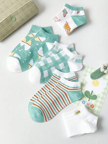 5 piezas Nuevos calcetines cortos de mujer estilo INS 2026, calcetines cortos versátiles con estampados de rayas, frutas, flores, abejas, ciervos, helados, calcetines cortos de unicolor a rayas, accesorios de moda cómodos y casuales - Multicolor - Ver 9
