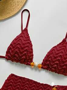 Bikinx 2026 Summer 3pcs Women's Wave Pattern Halterneck Sexy Bikini Tankini Suit With Cover-Up Fairy Skirt For Beach Vocation - 紅色 - 查看 5