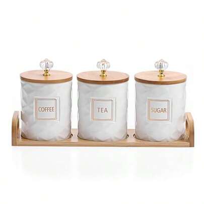 JUXYES Set Of 3 Ceramic Canisters Set For Sugar Coffee Tea With Handle Tray Luxurious Storage Containers Sets With Lids Decorative Storage Pots White Ceramic Storage Jar For Kitchen Dining Counter