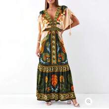 New European And American Summer V-Neck Retro  Printed Linen Dress For Women - 圖片色 - 查看 2
