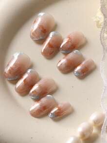 10pcs Acrylic Press On Nails Blue Cat Eyes Brown Halation Fake Nails Short Office DailyWear False Nails Artificial Nails Kit Includes 1sheet Adhesive Tabs &1 Pc Mini File - Multicolor - View 2