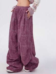 女士休闲街头风褶裥宽松灯芯绒裤，印花图案，弧形裤脚，适合秋冬季节和开学季，大码尺码