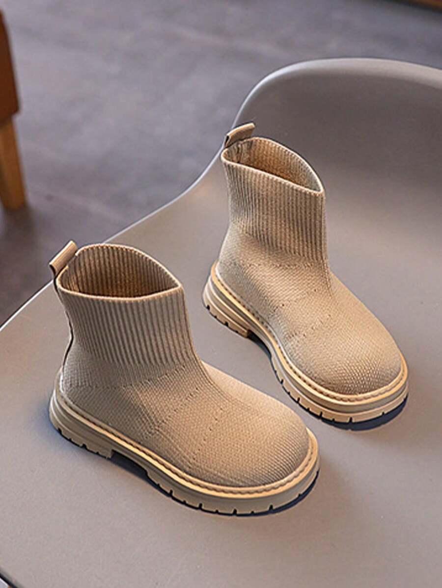 Un par de Liso Casual Tejido de Lana Detalle de Cremallera Trasera Botines de Niño Para Jugar y Salidas Familiares Otoño e Invierno Suela Gruesa Antideslizante - Caqui - Ver 1