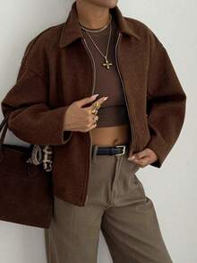 Old Money Style Spring Outfits For Women ,Valentine's Day,Commuting Clothes,Solid Color Long Sleeve Zipper Light Coat | Elegant Lapel Long Sleeve Short Coat For Spring | For Office/Daily Wear,Chic,Tops - Coffee Brown - View 8