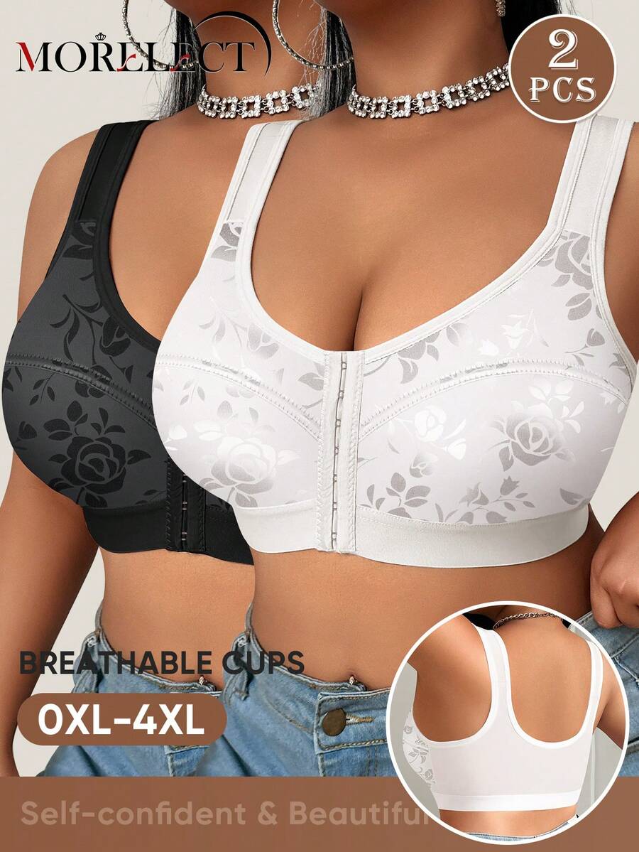 Morelect 2pcs/Set Plus Size Women Wireless Floral Print Front Closure Bras, Comfortable & Supportive For Daily Wear