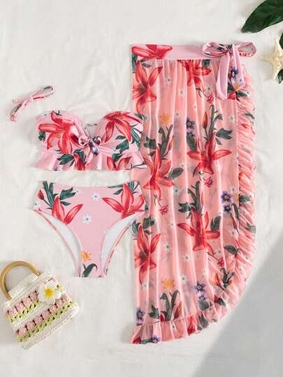 2026 Floral Print Elegant Sexy Strapless Bowknot Beach Vacation Outfit, Summer