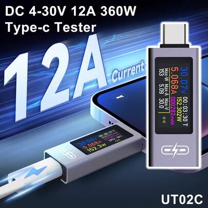  Probador tipo C POROMETISTO UT02C, medidor digital de voltaje, corriente y potencia de CC 4-30V 12A, probador de carga rápida, voltímetro y amperímetro