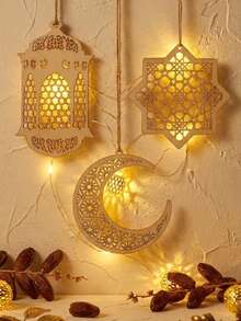 3pcs Ramadan Wooden Hanging Ornaments Set, Aesthetic Hollow Moon Star Lantern Cutout Design, Rustic Islamic Home Decor For Eid Mubarak Party Wall Window, Boho Gift Idea - Multicolor - View 1