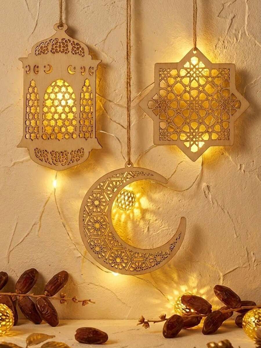 3pcs Ramadan Wooden Hanging Ornaments Set, Aesthetic Hollow Moon Star Lantern Cutout Design, Rustic Islamic Home Decor For Eid Mubarak Party Wall Window, Boho Gift Idea - Multicolor - View 1