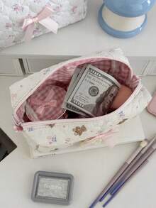 泰迪熊甜美蕾丝蝴蝶结化妆包，柔软面料，可爱甜美风格，适合日常使用、居家、旅行，男女通用洗漱包 - 彩色 - 查看 4