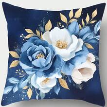 4 Packs Modern Floral Polyester Pillowcases, 45cm Square, Machine Washable, Zippered Cushion Covers With Blue And White Flower Print For Living Room Sofa And Bedroom Decor - Home Blessing & Home Design - Multicolor - View 3