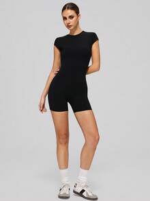 MASKERT Women's Round Neck Short Sleeve Jumpsuit, Backless Slim Fit Design, Suitable For Fitness Yoga Gym Running Training Workout Jumpsuit - Black - View 4