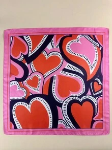 1pc Women's Heart Print Elegant Satin Scarf, Neckerchief, Headscarf - Pink - View 4