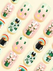 Mejora tu apariencia instantáneamente con 24 uñas postizas cuadradas medianas. Incluye diseños de trébol de cuatro hojas verde, patrón asimétrico amarillo y degradado rosa. Perfectas para vestidos verdes, niñas de cabello castaño y decoración con frascos negros, monedas doradas y uñas falsas verde claro. - Blanco - Ver 3