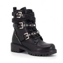 Women's Thick Sole Ankle Boots With Rhinestone Studs, Motorcycle Boots, Gothic Punk Style With Metal Decoration Chain And Zipper - Black - View 13