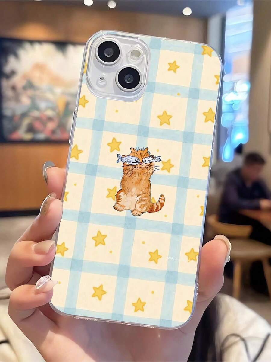 1pc Star Plaid Cat Fish Graphic Transparent TPU Full Body Shockproof Anti-Fingerprint Phone Case, Compatible With Galaxy/ 17/17 Pro/17 Pro Max/16/16 Pro/16 Plus/15/15 Pro Max/15 Pro/11/12/13/14 Pro Max/11 Pro/11 Pro Max/12 Pro/12 Pro Max/13 Pro/13 Pro Max/14 Pro/14 Pro Max, Creative Premium Soft Cover - Multicolor - View 1
