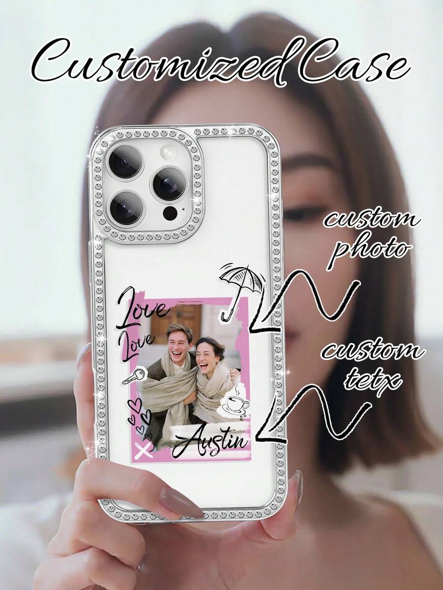 1 New Luxury Fashion Four-Sided Sparkling Diamond Transparent Phone Case Customized Couple Photo Electroplated Silver Luxurious Shiny Diamond Transparent Phone Case, Cheetah Print Suitable For IPhone 16e/17 Pro Max/15 Pro Max/14 Plus/13 Pro Shock-Absorbing Protection Hard Acrylic Material, With Anti-Collision Border Christmas Gift Customizable Things