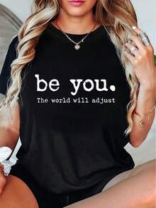 1pcs"Make Your Own World Will Adapt" Women's Short-Sleeved Round-Neck T-Shirt-Black With White Print Casual Top Machine-Washable Loose Fit Comfortable Fabric Non-Perspective Material Suitable For All Seasons, Suitable For Christmas, Easter, Halloween, Thanksgiving, Etc.180g - 黑色 - 查看 1