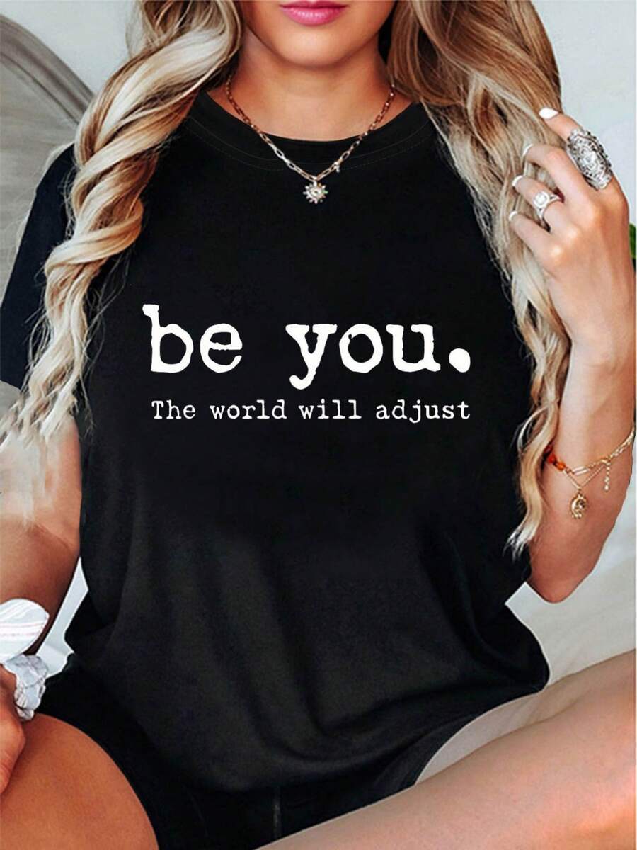 1pcs"Make Your Own World Will Adapt" Women's Short-Sleeved Round-Neck T-Shirt-Black With White Print Casual Top Machine-Washable Loose Fit Comfortable Fabric Non-Perspective Material Suitable For All Seasons, Suitable For Christmas, Easter, Halloween, Thanksgiving, Etc.180g - 黑色 - 查看 1