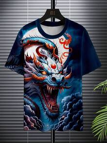 Men'S 3D Dragon Print T-Shirt - Vibrant Blue & Orange Digital Print, Casual & Stylish Fit, Comfortable Short Sleeve For Summer Outdoor Activities, Casual Summer Wear |   Vibrant Dragon Print |   Comfortable Fit - Màu hỗn hợp - Xem 6