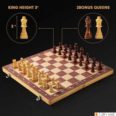 29/34厘米三合一木制国际象棋、跳棋、西洋双陆棋游戏套装，可折叠便携，策略棋盘游戏，适合家庭娱乐、旅行、初学者和成人，室内外皆宜，经典新年礼物