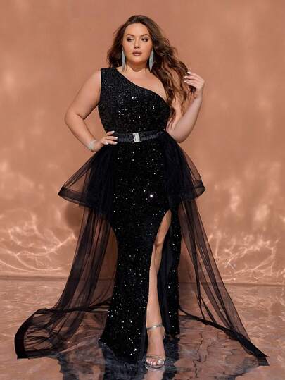 Vestido de fiesta de noche maxi con abertura en la cintura, de malla fluida y con un hombro con lentejuelas para mujer de talla grande