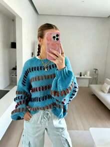 Colorful Patterned Pullover - Cozy Oversized Knit Sweater For Women,Bohemian Striped Loose Sweater - Stylish Oversized Long Sleeve Top,Oversized Striped Sweater - Relaxed Fit Colorful Knit Pullover,Boho Sweater/ Retro Striped Top/ Vintage Knit Pullover,Y2K Knitwear/ Aesthetic Sweater/Colorblock Top,Fall Casual Sweater/Winter Cozy Top/ Everyday Wear Knit - 藍色 - 查看 4