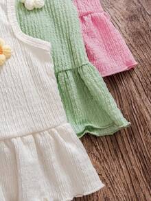 6pcs/Set Baby Girls' Summer New Dopamine Color Textured Fabric Floral Embroidery Solid Color Round Neck Top And Shorts Casual Cute Outfit - Nhiều màu - Xem 6