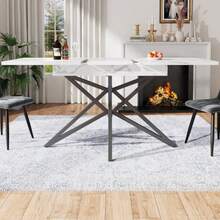 Extendable Dining Table 120 (160) X 80 Cm, Extendable Kitchen Table, Breakfast Table, Star-Shaped Table Legs, Black Iron Legs, Walnut/Marble Imitation Tabletop - White - View 12