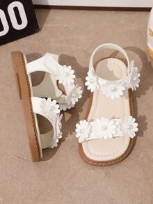 1 Pair Summer Floral Print Flat Sandals, Elegant White Flower Design With Pearl Decor, Hook And Loop Closure For Easy Wear, Suitable For Girls, Beach & Holiday Wear - Beige - View 4