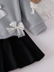 2pcs Baby Girls' Set, Light Gray Knit Top With Bow Accent Paired With Matching Mesh Skirt, Sweet, Cute, Retro Style, Autumn/Winter - Grey - View 6
