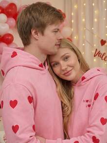 Valentine's Day,Oversized Long-Length,Besties&Couples Must-Have,Women's Double-Hood One-Piece Long-Sleeve Hoodie,One-Size,Heart&Letter&Slogan Print,For Spring/Summer,For Holiday/School/Home/Daily/Street/Photoshoot,Simple/Y2K/Casual/Preppy/Street/Office/Cute/Hot Girl,Valentine's Day/New Year/Easter,Spring Clothes For Women,Spring Outfit Women,New Year Outfits,Chic Print Hoodie,Hoodies For Women,Vacation Outfits Women,Valentine's Day Outfits - Pink - View 3