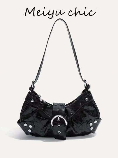 This Stylish Studded Metal Crescent-Shaped Shoulder Bag Features An Adjustable Shoulder Strap And Is Made Of PU Leather. It's A Women's Crossbody Bag Suitable For School, Commuting, Shopping, Travel, Walking, And Everyday Use.