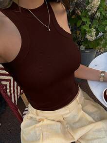 Women's Fashionable Elegant Knitted Crew Neck Halter Sweater - Coffee Brown - View 1