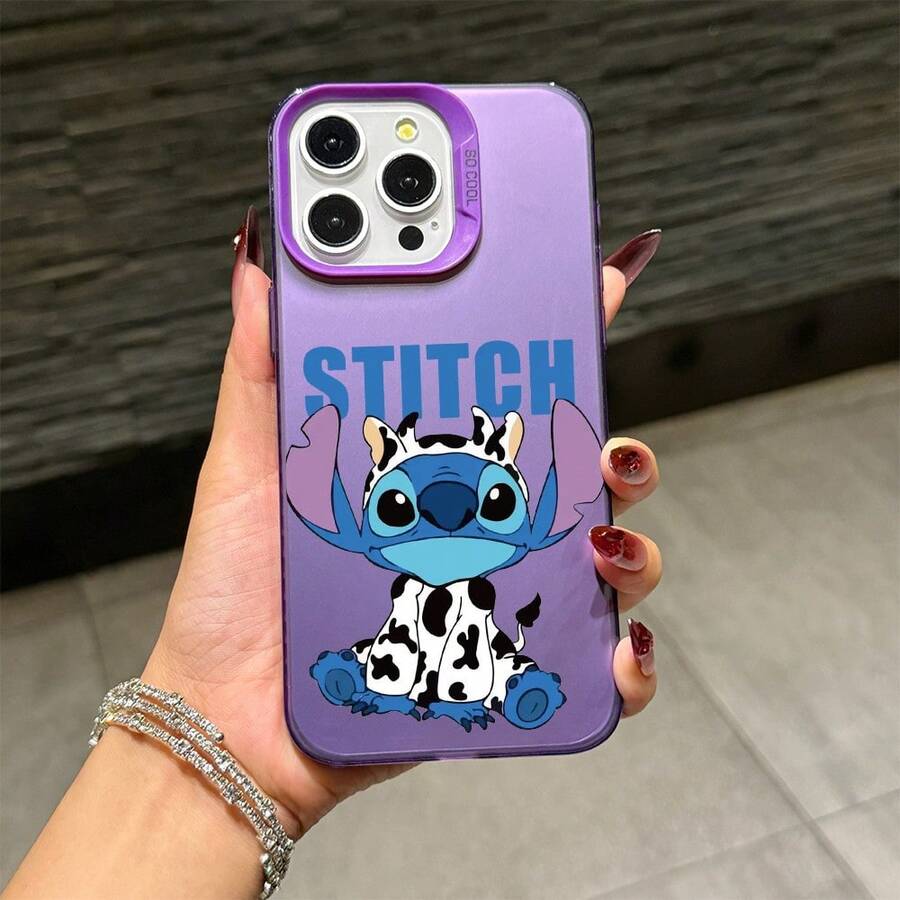 Disney.Cow Patterned Phone Case Featuring A Playful Stitch Design. Compatible With IPhone 17, 16, 15, 14, 13, 12, And 11 Pro Models. Made Of Durable TPU With Shockproof Protection. A Delightful Gift For Family, Friends, Birthdays, Holidays, And Special Occasions. - Màu tím - Xem 1