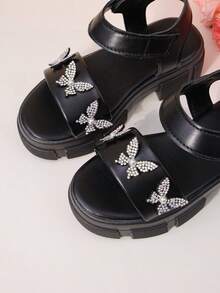 1 Pair Kids Black Rhinestone Butterfly Platform Sandals - Open Toe, Ankle Strap, Non-Slip Chunky Sole, Cool Casual Summer Party/Daily Shoes - Black - View 8