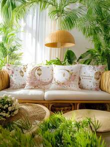 4pcs Ramadan Festival Pink Golden Floral Moon Lantern Text Pattern Pillowcase, Single-Sided Printed Light Beige-Friendly Peach Light Beige Material, (17.71 X 17.71in / 45 X 45cm) Pillowcase. Suitable For Home Bedroom Living Room Sofa Decoration