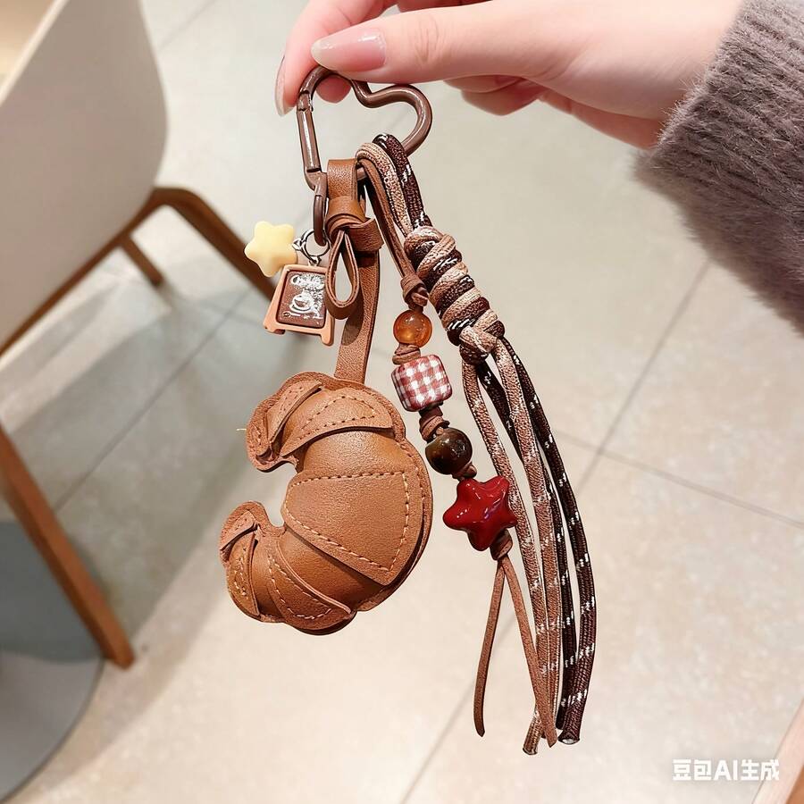 牛角面包/小圆面包造型钥匙扣吊坠，专为时尚爱好者设计，采用精致串珠编织绳制成，可DIY原创吊坠，多功能设计，高端时尚，时尚配饰，绝佳礼品之选，串珠设计，时尚配饰，PU皮革，多功能配件，独特钥匙扣，圣诞节和新年最佳礼物之选