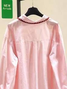 Women's Spring/Summer Heart Embroidery Front Button Front Short Back Long Casual Pink Shirt - Pink - View 2