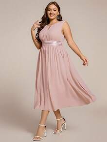 EVERPRETTY Plus Size Women Elegant Chiffon Waist Cinched Pink Bridesmaid Dress, Suitable For Wedding, Banquet, Party - Pink - View 3