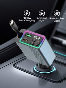 REMAX 藍牙車用充電器，配備 RGB 燈光與 29 英吋可伸縮線纜，支援 PD 30W 快充，藍牙 5.3，支援免手持通話/音樂播放，自動重新連接，Type-C 介面，相容 Apple/Android 手機，汽車配件，汽車用品，旅行必備 - C77 - 查看 2