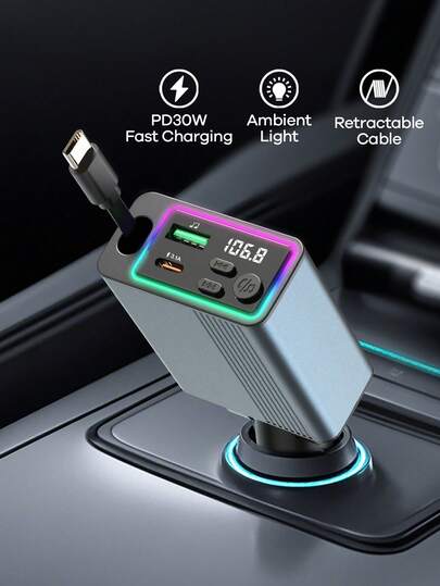 REMAX Încărcător auto Bluetooth cu lumini RGB și cablu retractabil de 29"; încărcare rapidă PD 30W; BT 5.3 pentru apeluri/muzică hands-free; reconectare automată; încărcător Type-C compatibil cu Apple/Android; accesorii auto; articole auto; esențial pentru călătorii