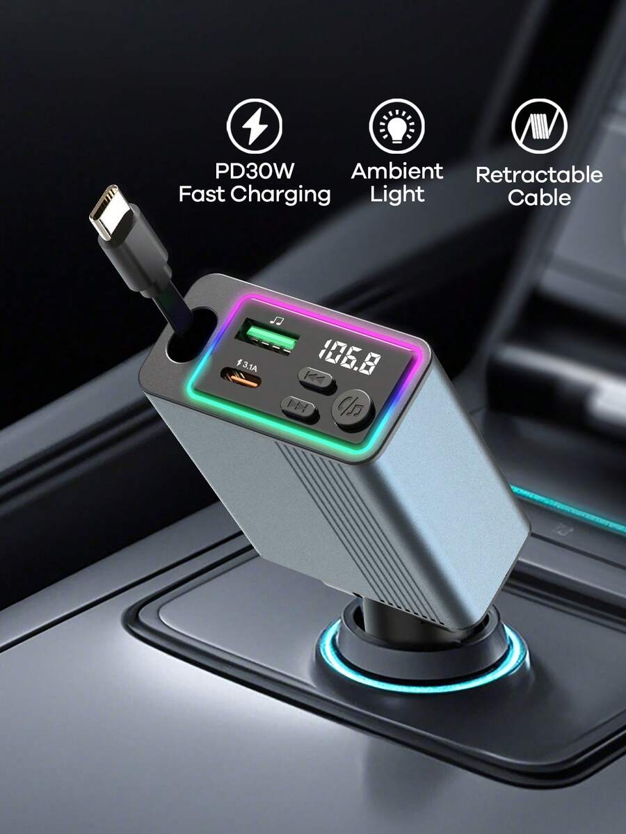 REMAX 藍牙車用充電器，配備 RGB 燈光與 29 英吋可伸縮線纜，支援 PD 30W 快充，藍牙 5.3，支援免手持通話/音樂播放，自動重新連接，Type-C 介面，相容 Apple/Android 手機，汽車配件，汽車用品，旅行必備