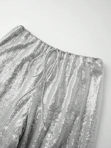 Women's Sparkle Sequin Pants Lightweight Elastic Waist Wide Leg Loose Pants Trousers - Plateado - Ver 4