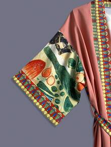 波西米亚复古印花腰带中长款和服罩衫，七分袖薄款外套，男女通用沙滩旅行休闲罩衫，轻薄羽织长袍外套