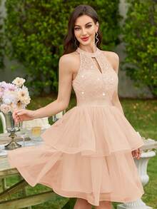 MIUSOL Sequin Floral Lace Halter Neck Ruffle Layered Hem Mesh Ballgown Skirt, Summer Women's Dress, Wedding Guest Outfit, Suitable For Vacation, Birthday Party, Graduation Ceremony And Other Occasions - Champagne - View 6